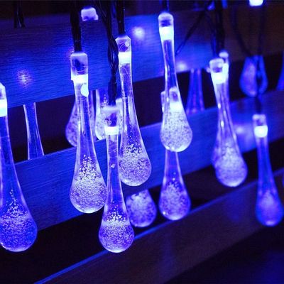 MUEQU Solar Outdoor String Lights, Waterproof 20ft 30LED Christmas Lights Water Drop Lights,8 Modes Garden Decorative Fairy Lights for Patio Lawn Fence Party Wedding (Blue)