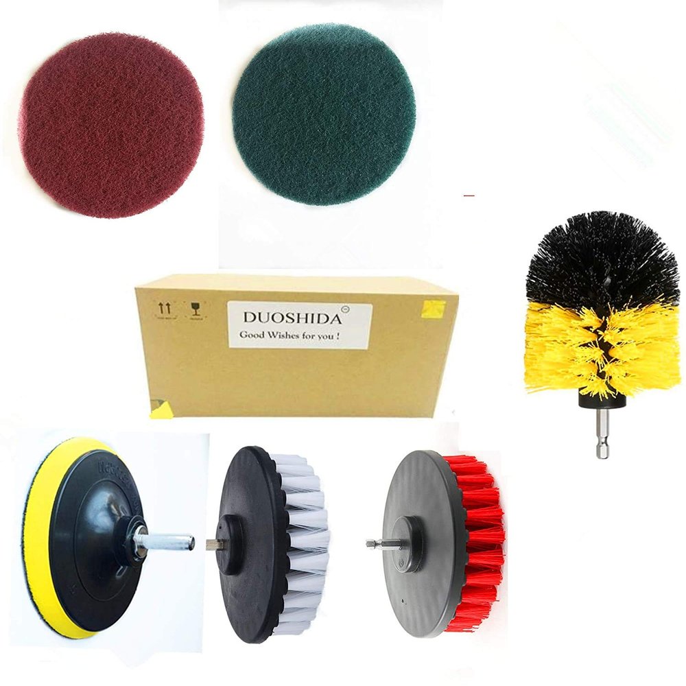 6 Piece Drill Brush Attachments: 5 Inch Drill Brushes & Scouring Pads & Suction Cup - Clean Tough Dirt - for Marble/Granite Tile, Grout, Rim, Kitchen Sink,Carpet, Coated Doors, Fiberglass Tubs