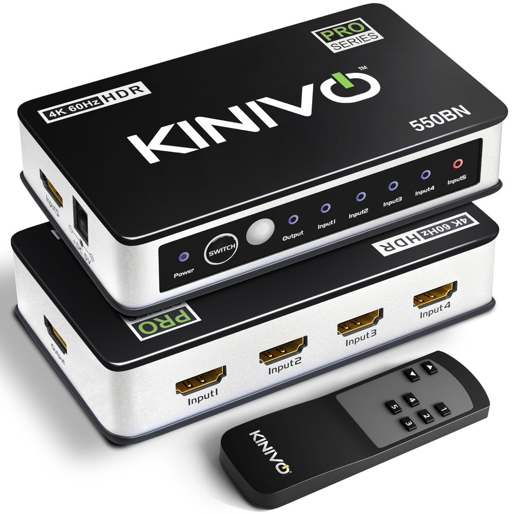 Kinivo HDMI Switch 5 in 1 Out 4K 60Hz (HDR 10, High Speed 18Gbps, IR Remote, HDCP2.2, Dolby Vision, VRR) - 550BN Switcher Compatible with Roku, PS5, Xbox, Apple TV, Nintendo Switch 2, Cable Box
