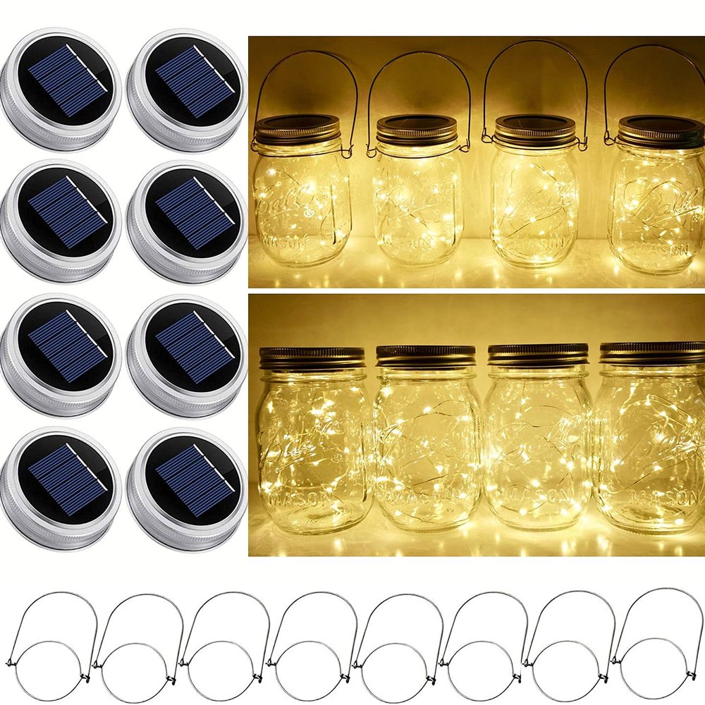 StarryMine Solar Mason Jar Lid String Lights, 8 Pack 20 Led String Fairy Star Firefly Jar Lids Lights with 8 Hangers Included (Jars Not Included), for Mason Jar Patio Garden Wedding Lantern