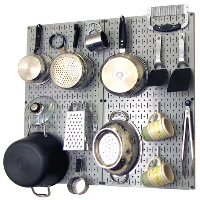 Wall Control Kitchen Pegboard Organizer Pots and Pans Storage Rack Organization Kit with Grey Pegboard and White Accessories