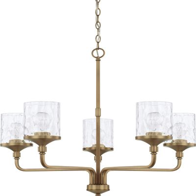 HomePlace Lighting 428851AD-451 Colton Urban/Industrial Clear Water Glass Chandelier, 5-Light 500 Total Watts, 27" H x 28" W, Aged Brass