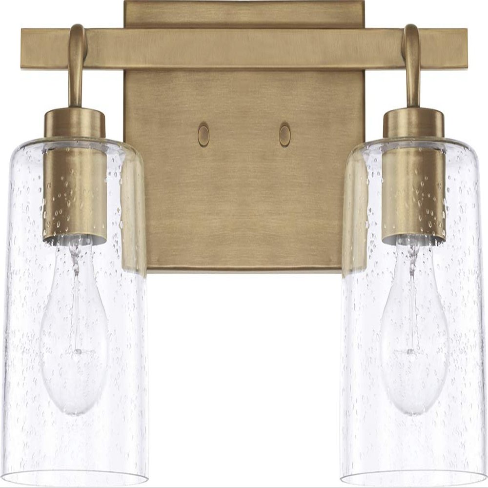 HomePlace Lighting 128521AD-449 Greyson Urban/Industrial Clear Seeded Glass Bathroom Vanity Wall Light, 2-Light 200 Total Watts, 9" H x 15" W, Aged Brass