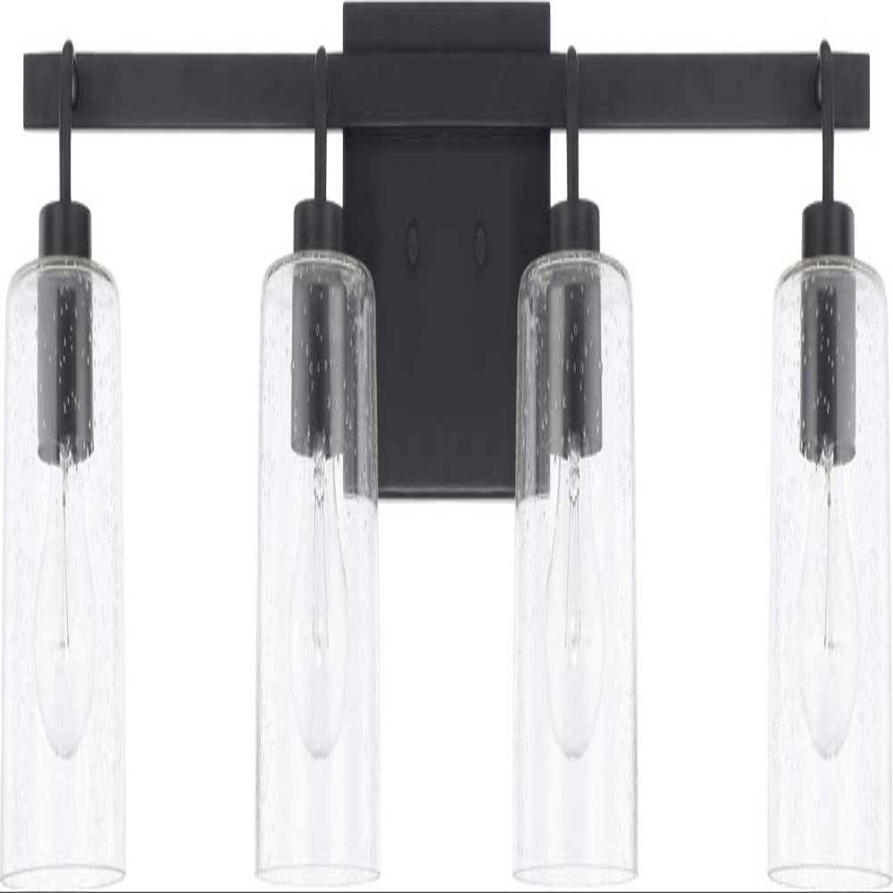 HomePlace Lighting 128541MB-449 Greyson Urban/Industrial Clear Seeded Glass Bathroom Vanity Wall Light, 4-Light 400 Total Watts, 9" H x 35" W, Matte Black