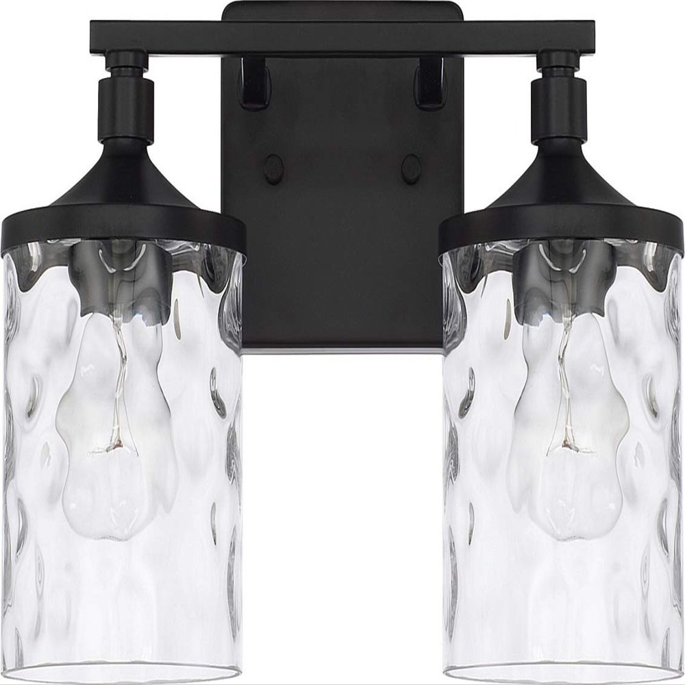 HomePlace Lighting 128821MB-451 Colton Mid-Century Clear Water Glass Bathroom Vanity Wall Light, 2-Light 200 Total Watts, 10" H x 13" W, Matte Black