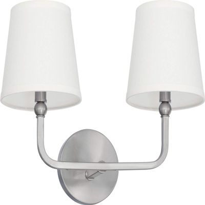 Capital Lighting 119321BN-674 Dawson Decorative White Fabric Stay-Straight Shades Bath Vanity Wall Mount, 2-Light 120 Total Watts, 12" H x 16" W, Brushed Nickel