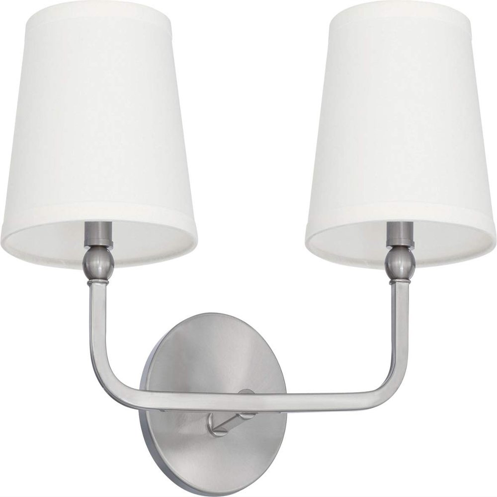 Capital Lighting 119321BN-674 Dawson Decorative White Fabric Stay-Straight Shades Bath Vanity Wall Mount, 2-Light 120 Total Watts, 12" H x 16" W, Brushed Nickel
