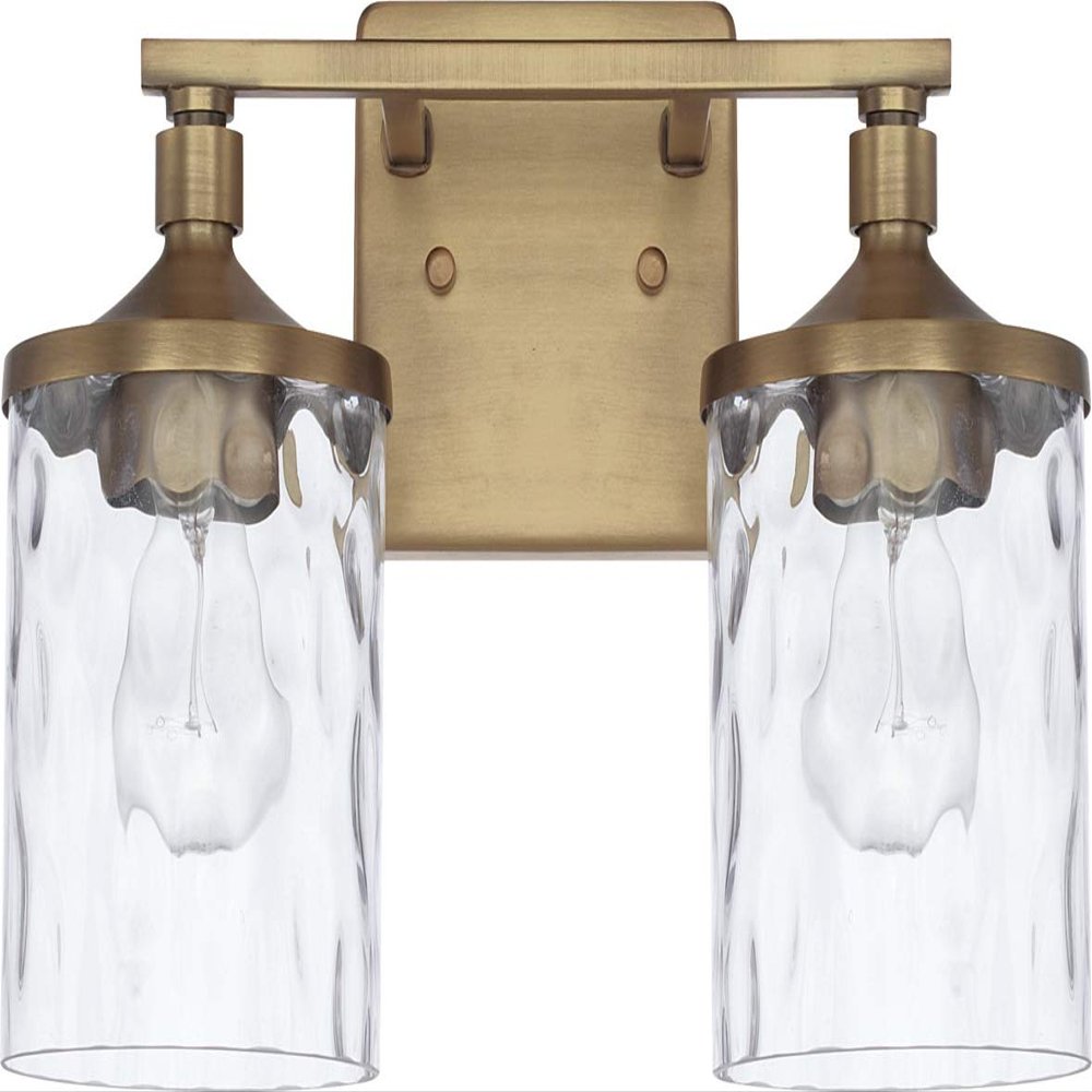 HomePlace Lighting 128821AD-451 Colton Mid-Century Clear Water Glass Bathroom Vanity Wall Light, 2-Light 200 Total Watts, 10" H x 13" W, Aged Brass