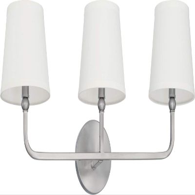 Capital Lighting 119331BN-674 Dawson Decorative White Fabric Stay-Straight Shades Bath Vanity Wall Mount, 3-Light 180 Total Watts, 12" H x 26" W, Brushed Nickel