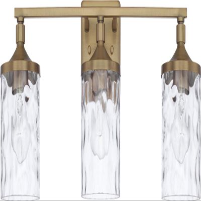 HomePlace Lighting 128831AD-451 Colton Mid-Century Clear Water Glass Bathroom Vanity Wall Light, 3-Light 300 Total Watts, 10" H x 24" W, Aged Brass