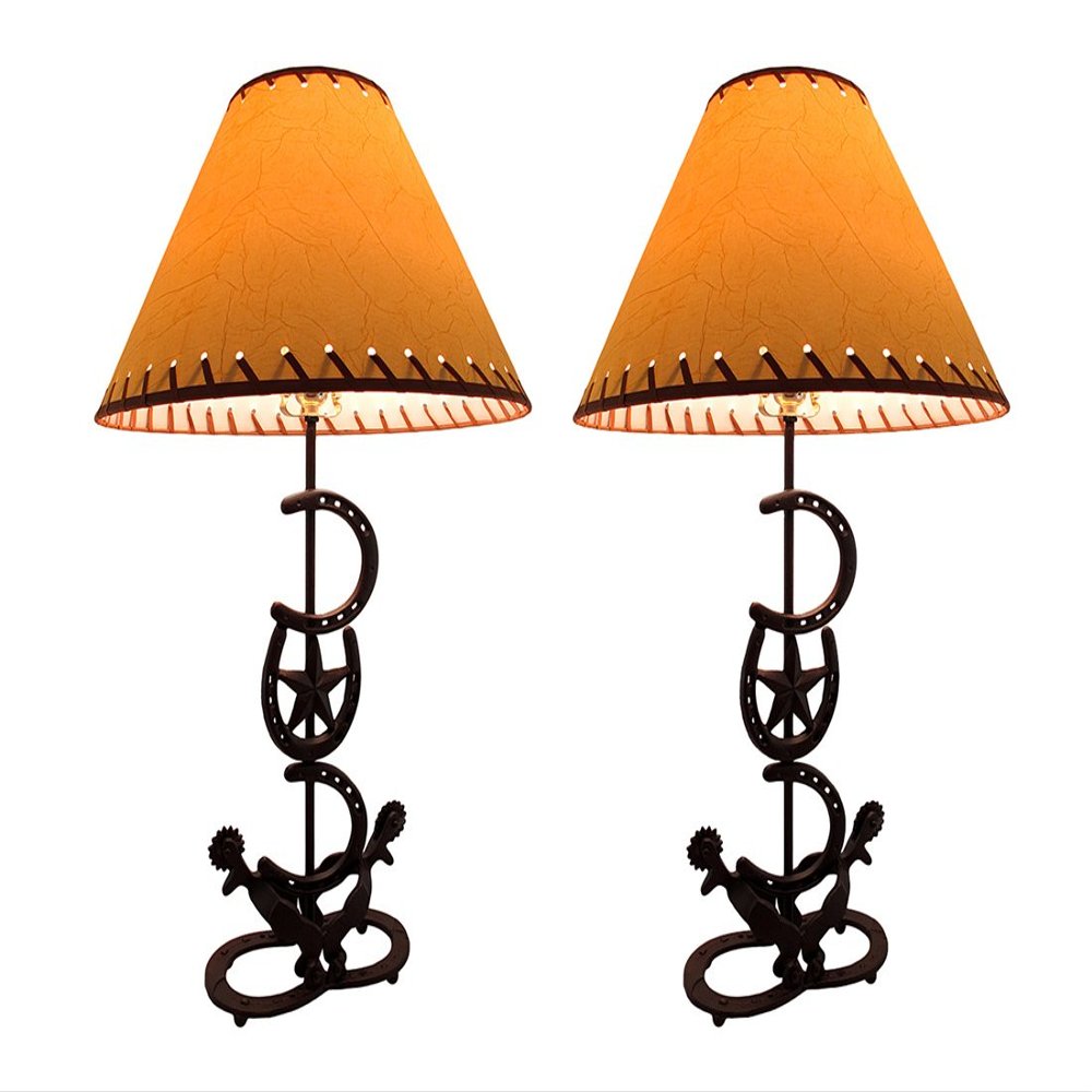 Horseshoes and Spurs Western Style Lamp with Leather Look Shade Set of 2