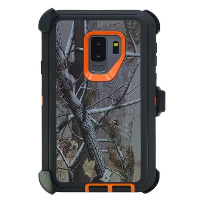 WallSkiN Case for Galaxy S9 Plus (6.2") Heavy Duty Full Body Military Grade Drop Protection Carrying Cover Holder | Holster for Men Belt with Clip Stand Camouflage/Orange