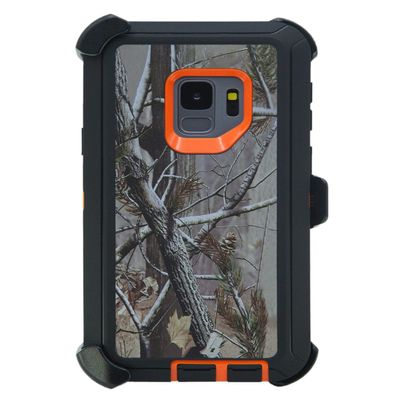 WallSkiN Case for Galaxy S9 (5.8") Heavy Duty Full Body Military Grade Drop Protection Carrying Cover Holder | Holster for Men Belt with Clip Stand Camouflage/Orange