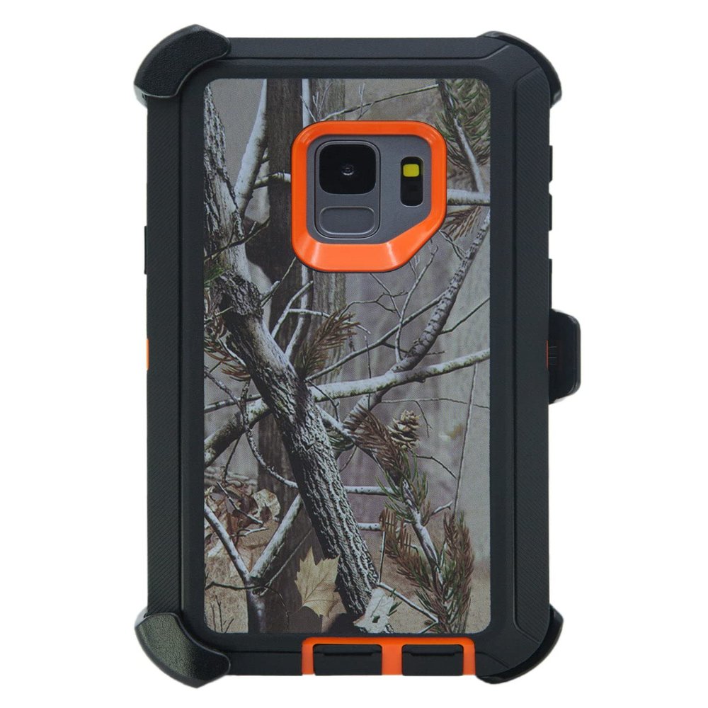 WallSkiN Case for Galaxy S9 (5.8") Heavy Duty Full Body Military Grade Drop Protection Carrying Cover Holder | Holster for Men Belt with Clip Stand Camouflage/Orange