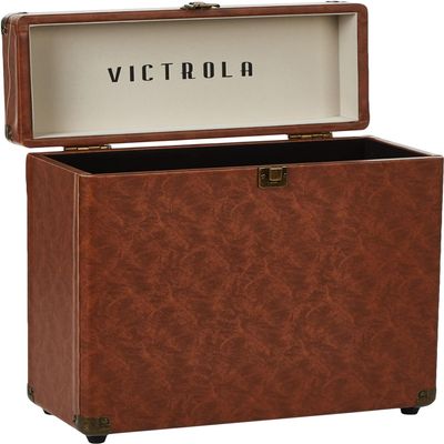 Victrola Collector  Record Storage Case  Holds 30+ Vinyl Turntable Records, Heavy-Duty Hardware, Hinges, & Smart Metal Corners, Portable with Easy-Carry Handle (Brown)