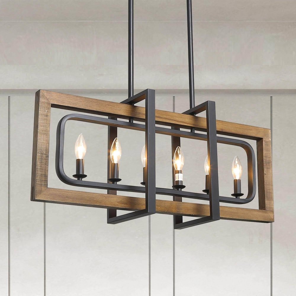 LOG BARN Farmhouse Chandelier, Pendant Lighting for Kitchen Island in Distressed Wood and Black Metal Finish, Ceiling Hanging Fixture for Dining Room