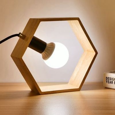 STGLIGHTING Nordic Hexagon Wooden Art Creative Table Lamp Modern Minimalist Bedroom Bedside Lamps Warm Decorative Desk Lamp with Button Switch Cord Bulbs Not Included