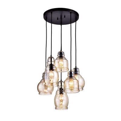 Jojospring Mariana Antique Black Cognac Glass 6-Light Cluster Pendant Chandelier with Round Base