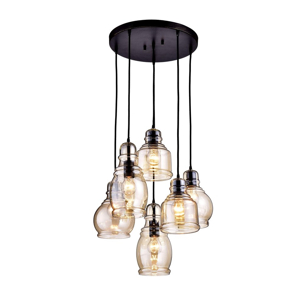 Jojospring Mariana Antique Black Cognac Glass 6-Light Cluster Pendant Chandelier with Round Base