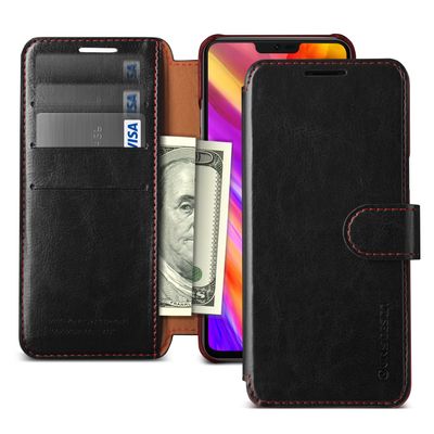 LG G7 ThinQ Wallet Case, VRS Design [Black] Drop Protection Cover Classy Slim Premium PU Leather Wallet [Layered Dandy] Id Credit Card Slot Holder for LG G7