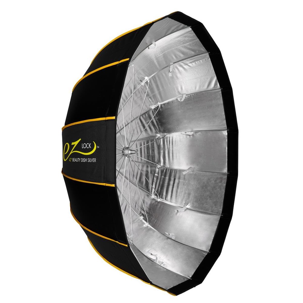 Glow EZ Lock 42" Collapsible Silver Beauty Dish Softbox w/Bowens Mount Speedring and Deflection Disk, 16 Ribbed Design Soft Box w/Silver Interior for Perfect Lighting and Beauty Dish Photogra