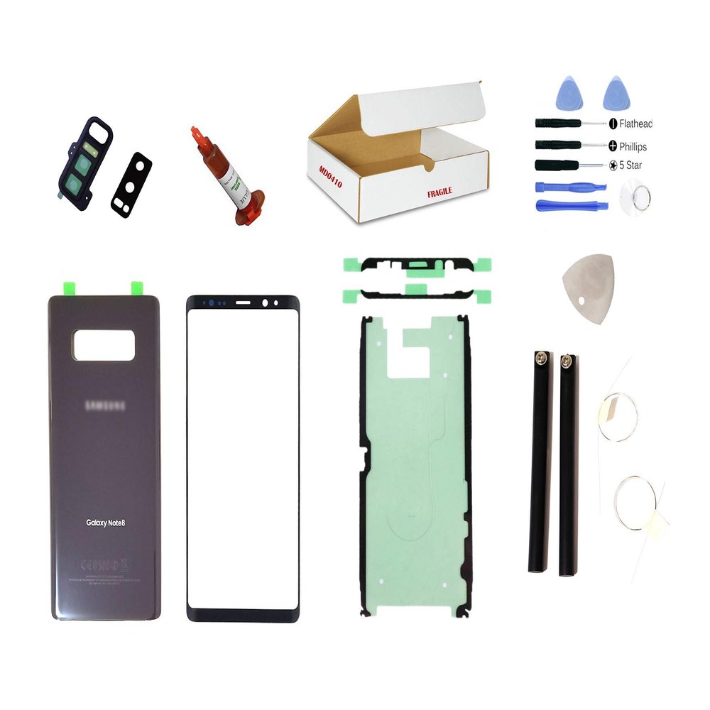 (md0410) Screen Repair Kit Compatible for Galaxy Note 8 Phone Model N950 - Front Outer Glass Lens + Grey Back Cover Replacement (Orchid Gray)