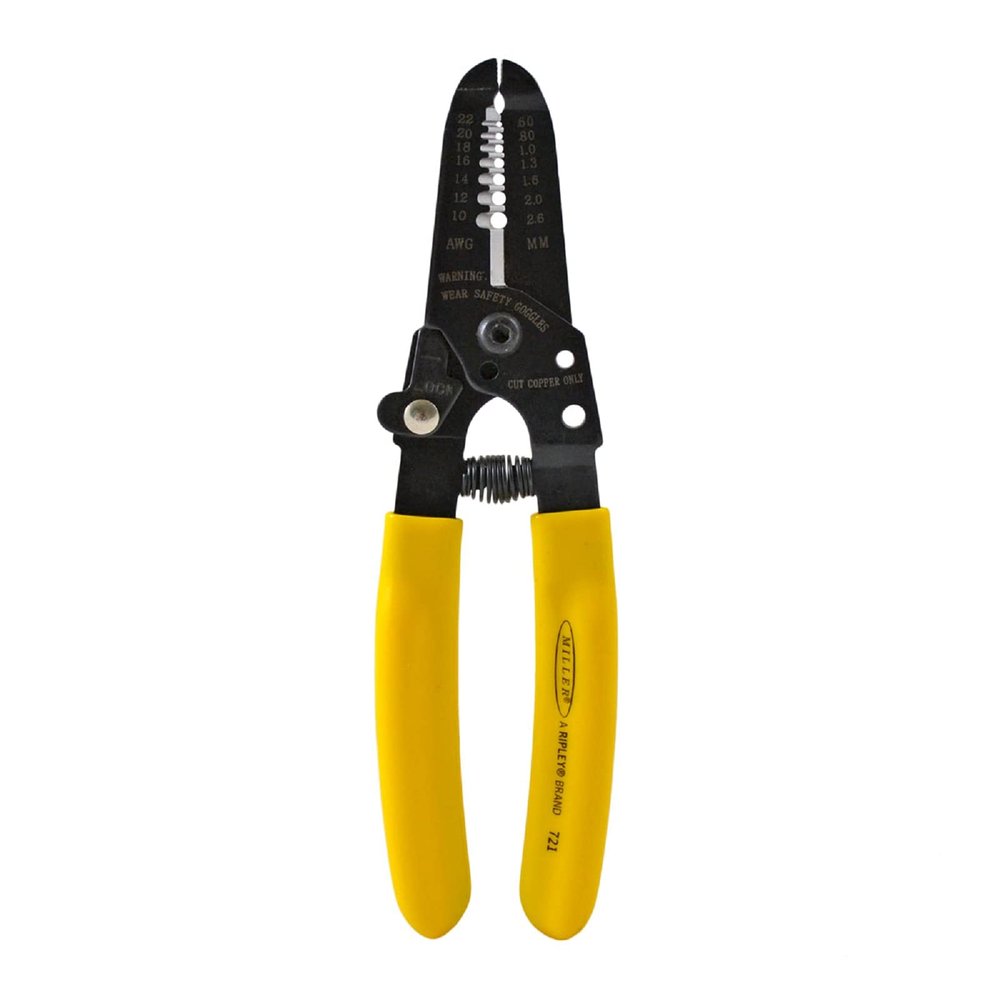 Miller 721 Wire Stripper/Cutter Strips 2210 AWG (0.6-2.6mm), Precision Hardened Cutting Surfaces, Cushion Grip Handles, Automatic Return Spring, Serrated Nose, Black Oxide Finish Ripley Tools