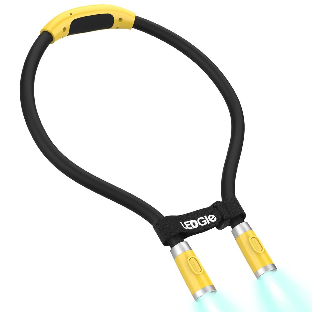 LEDGLE LED Neck Light for Reading Rechargeable Neck Flashlight for Knitting, 3 Adjustable Brightness, Flexible Soft Silicone Arms - for Reading Knitting Crocheting Camping Repairing (Yellow)