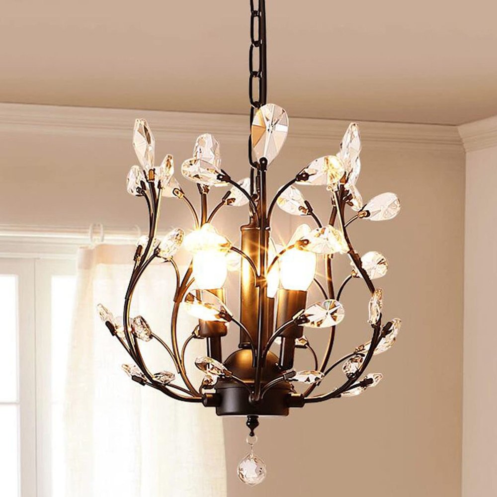 Ganeed 3-Light Crystal Chandelier, 13 Inch Black Hanging Ceiling Fixture