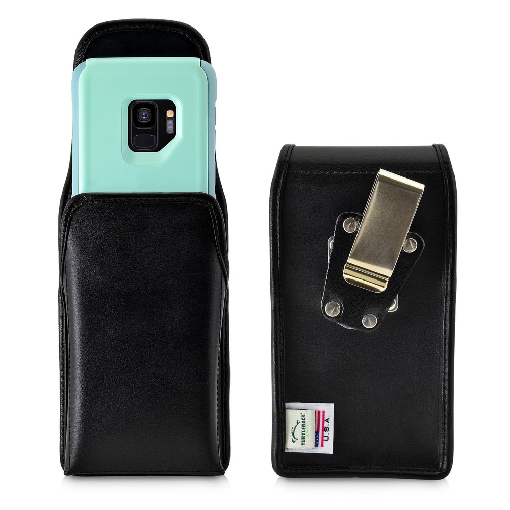 Turtleback Belt Case Made for Samsung Galaxy S9 with OB Commuter case Black Vertical Holster Leather Pouch with Heavy Duty Rotating Ratcheting Belt Clip