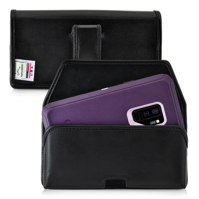 Turtleback Holster Made for Samsung Galaxy S9 Plus + Fits w/OB Defender or Bulky Cases, Black Belt Case Leather Pouch with Executive Belt Clip Horizontal