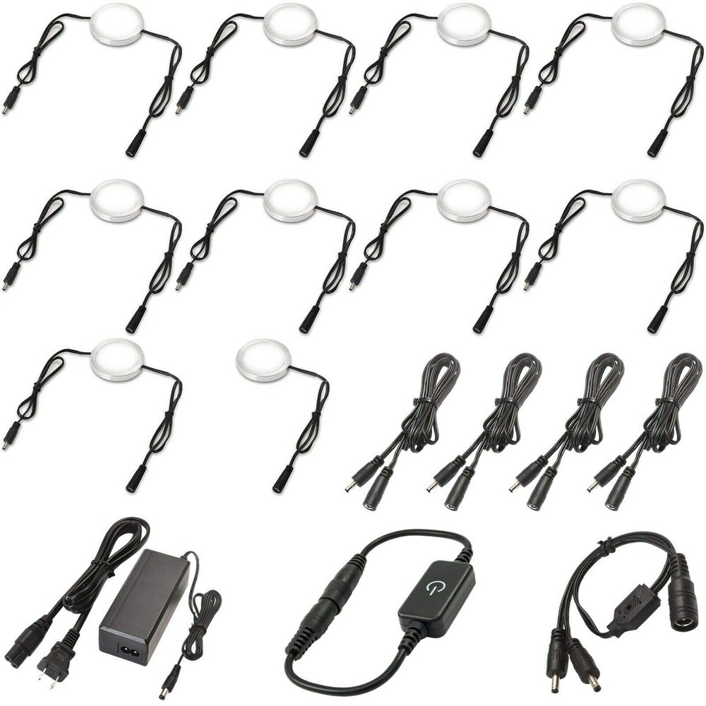 Under Cabinet LED Pucks 120V Hardwired, Touch Dimmer, 10 Lights, Daylight