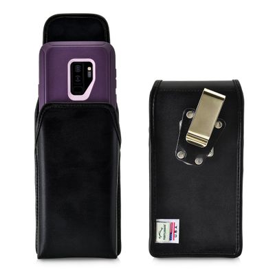 Turtleback Belt Case Made for Samsung Galaxy S9 Plus + Fits w/OB Defender or Bulky Cases, Black Vertical Holster Leather Pouch with Heavy Duty Rotating Ratcheting Belt Clip