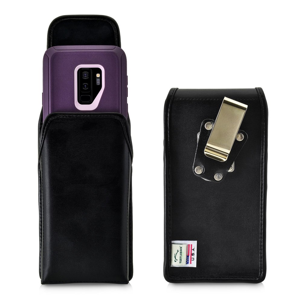 Turtleback Belt Case Made for Samsung Galaxy S9 Plus + Fits w/OB Defender or Bulky Cases, Black Vertical Holster Leather Pouch with Heavy Duty Rotating Ratcheting Belt Clip