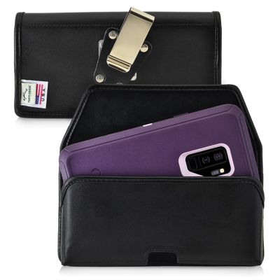 Turtleback Belt Case Made for Samsung Galaxy S9 Plus + Fits w/OB Defender or Bulky Cases, Black Holster Leather Pouch with Heavy Duty Rotating Ratcheting Belt Clip Horizontal
