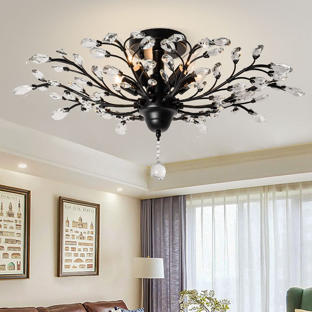 Ganeed 5-Light Crystal Chandelier, 31.5 Inch Black Flush Mount Fixture