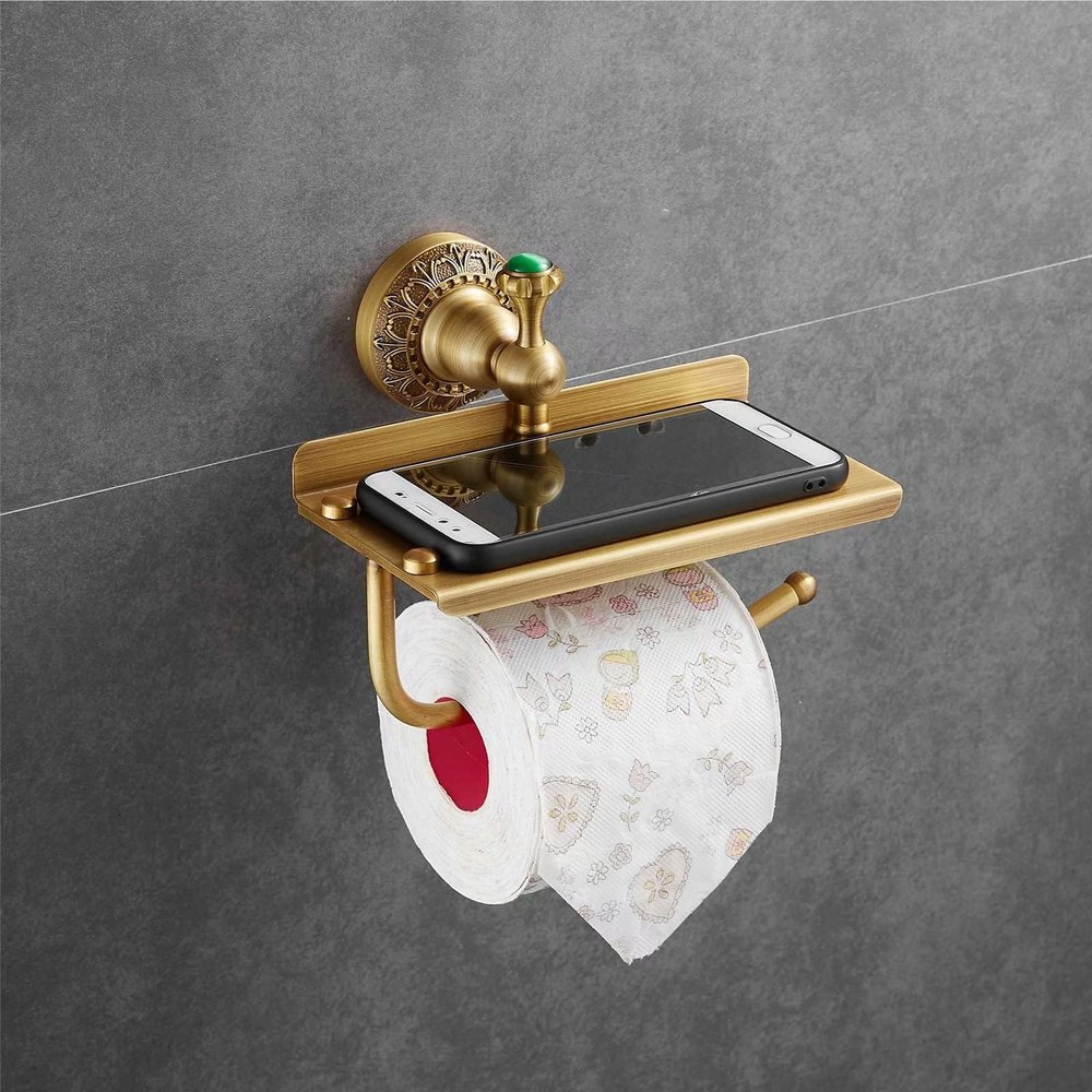 Beelee Bathroom Tissue/Toilet Paper Holder - Solid Brass Wall-Mounted Toilet Roll Holder with Mobile Phone Storage Shelf - Antique Brass Finish