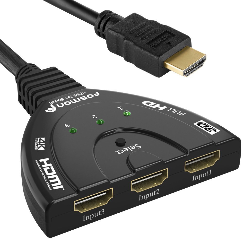 Fosmon 4K HDMI Switch, 3 Port HDMI Switcher with Pigtail Cable, Supports 30Hz, HDCP, Ultra HD for HDTV, PS5, Xbox, Fire Stick