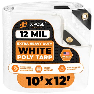 Heavy Duty White Poly Tarp 10' X 12' - Multipurpose Protective Cover - Durable, Waterproof, Weather Proof, Rip and Tear Resistant - Extra Thick 12 Mil Polyethylene - by Xpose Safety