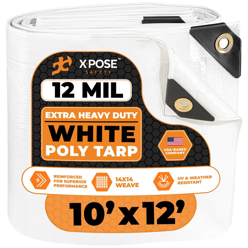 Heavy Duty White Poly Tarp 10' X 12' - Multipurpose Protective Cover - Durable, Waterproof, Weather Proof, Rip and Tear Resistant - Extra Thick 12 Mil Polyethylene - by Xpose Safety