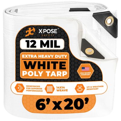 Heavy Duty White Poly Tarp 6' X 20' - Multipurpose Protective Cover - Durable, Waterproof, Weather Proof, Rip and Tear Resistant - Extra Thick 12 Mil Polyethylene - by Xpose Safety