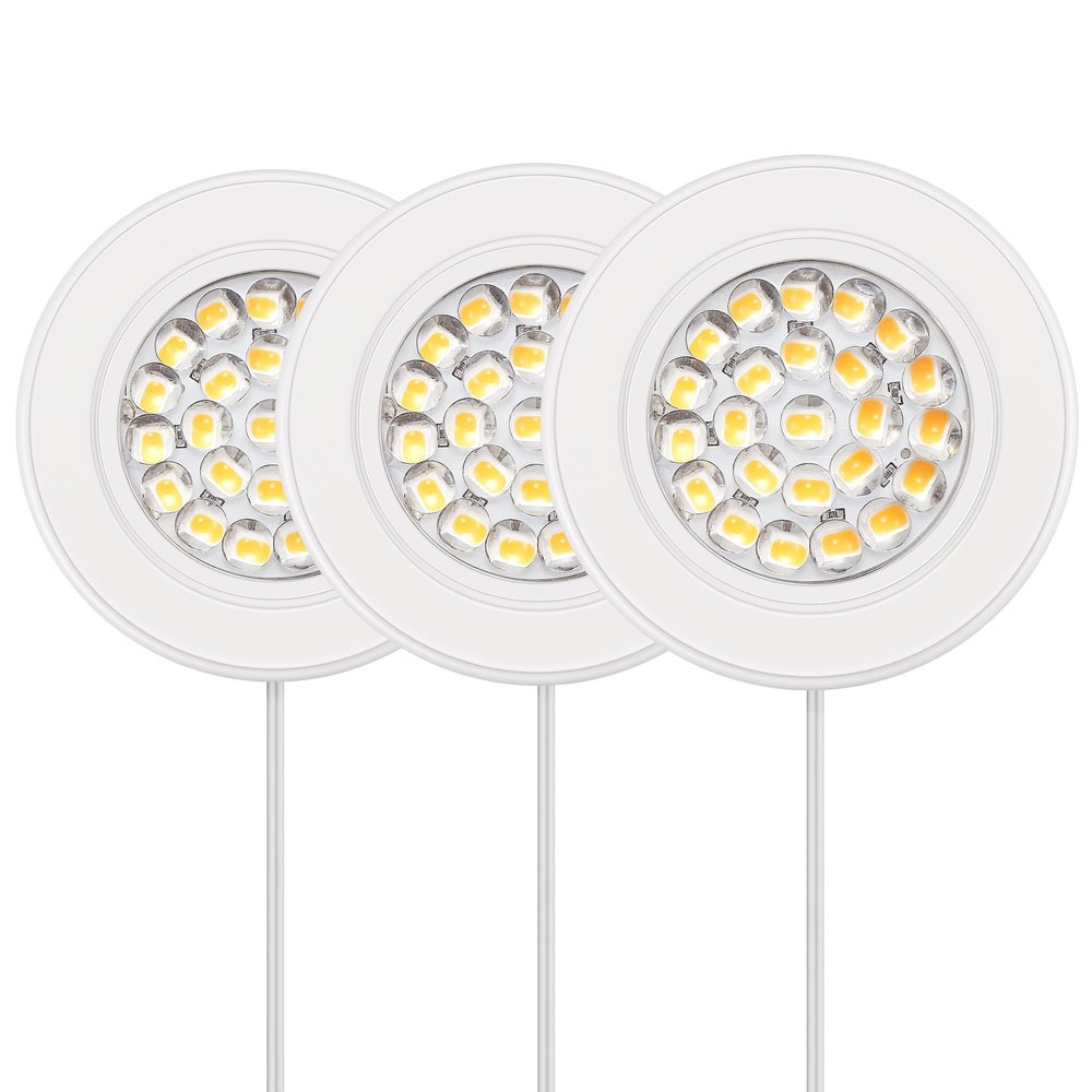 GETINLIGHT 2.5-Inch LED Puck Light Kit, 3-Pack, Plug-in, 3000K, White