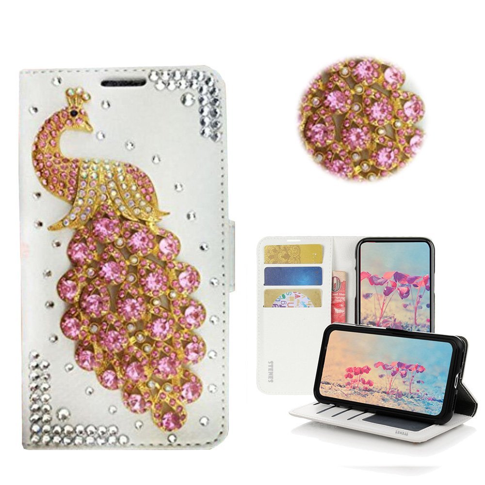 STENES Bling Case Compatible with LG K30 Case - 3D Handmade Crystal Peacock Wallet Credit Card Slots Fold Stand Leather Cover - Pink