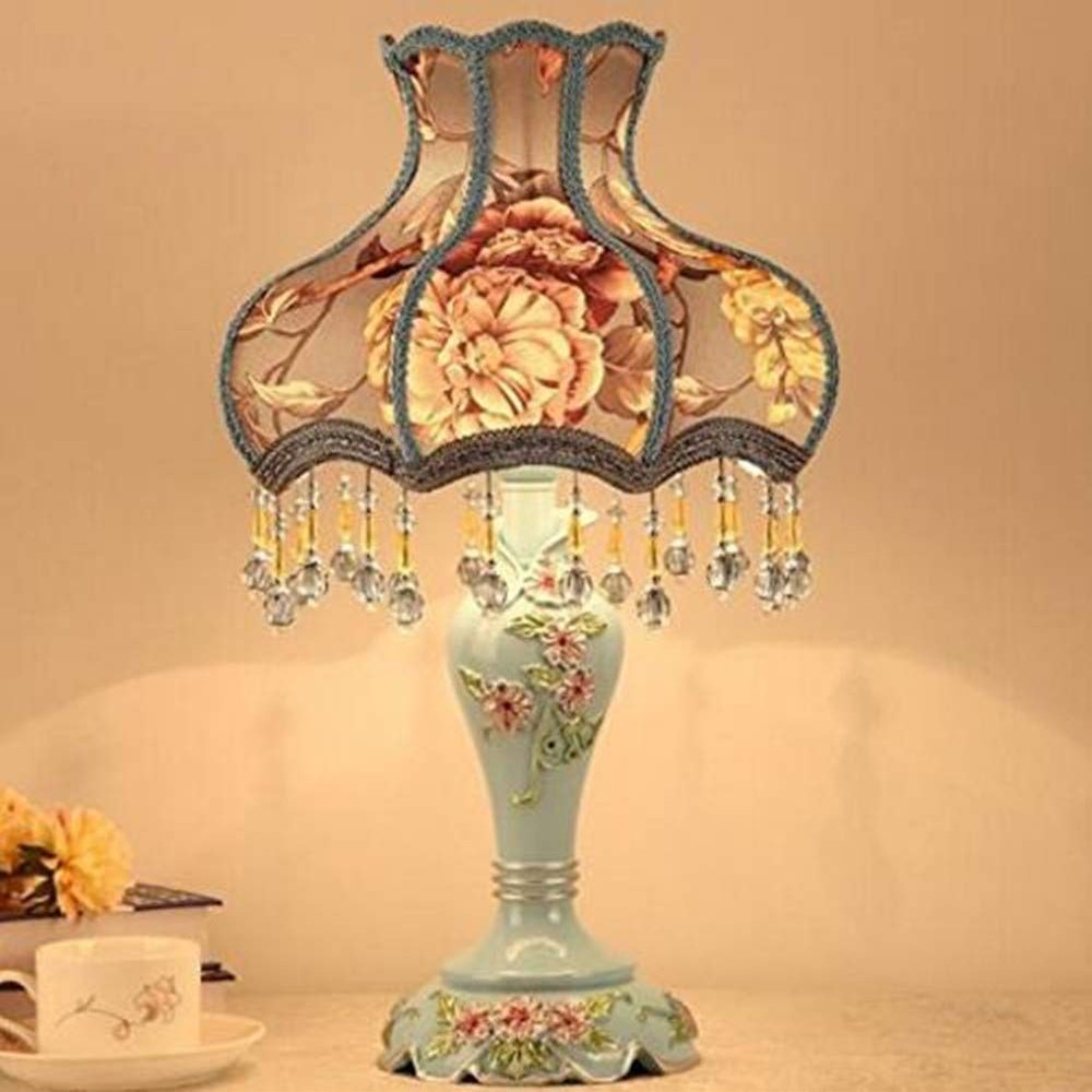 Best to Buy Style Dimmable Table Lamp Victorian Jeweled Desk Lamp Floral Cloth Art+Resin (Blue)