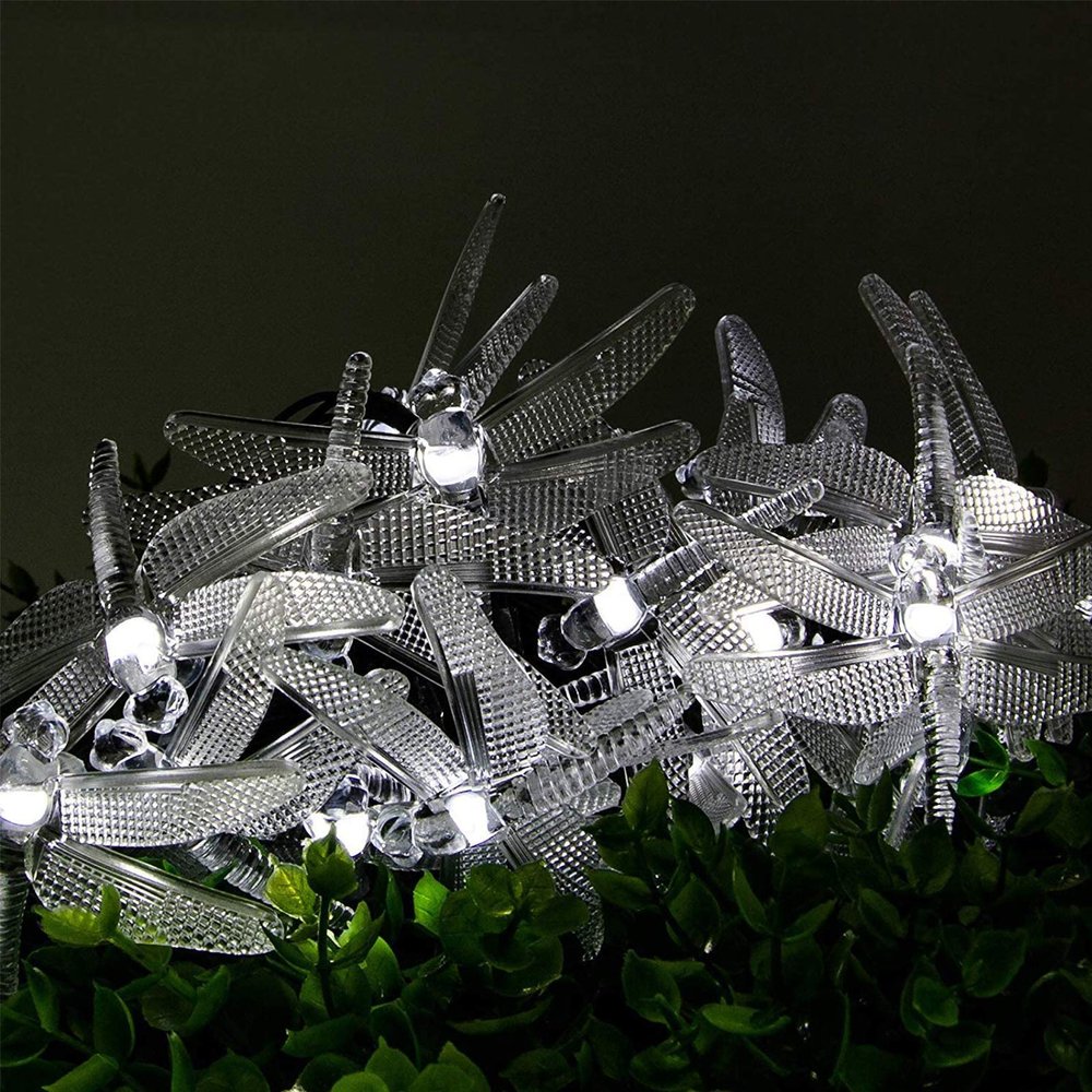 DINOWIN Dragonfly Lights - 20FT/6M 30 LED Solar String Lights with 8 Modes, Waterproof for Outdoor, Garden, Christmas Decorations (Cold White)
