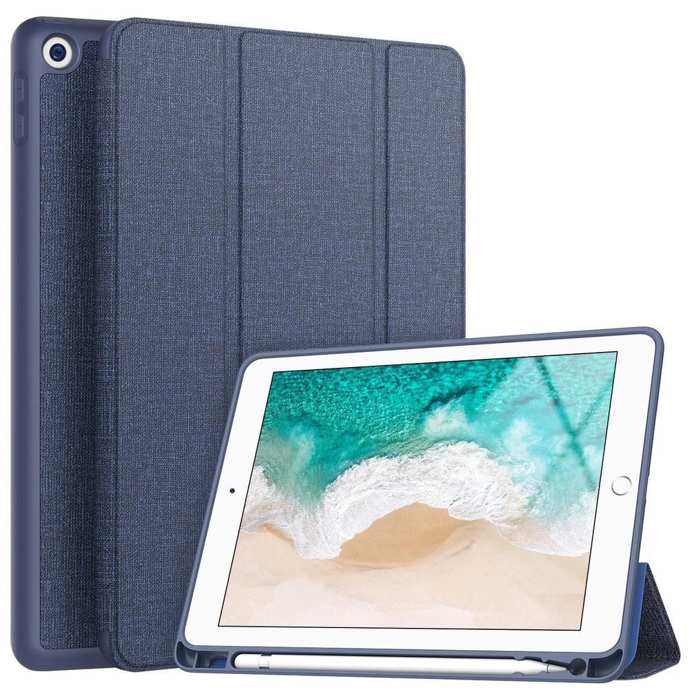 Soke Case Fits for iPad 6th/5th Generation with Pencil Holder - [Full Body Protection + Auto Wake/Sleep], Shockproof Soft TPU Back Cover for Apple iPad 9.7 inch 2018/2017, Navy Blue