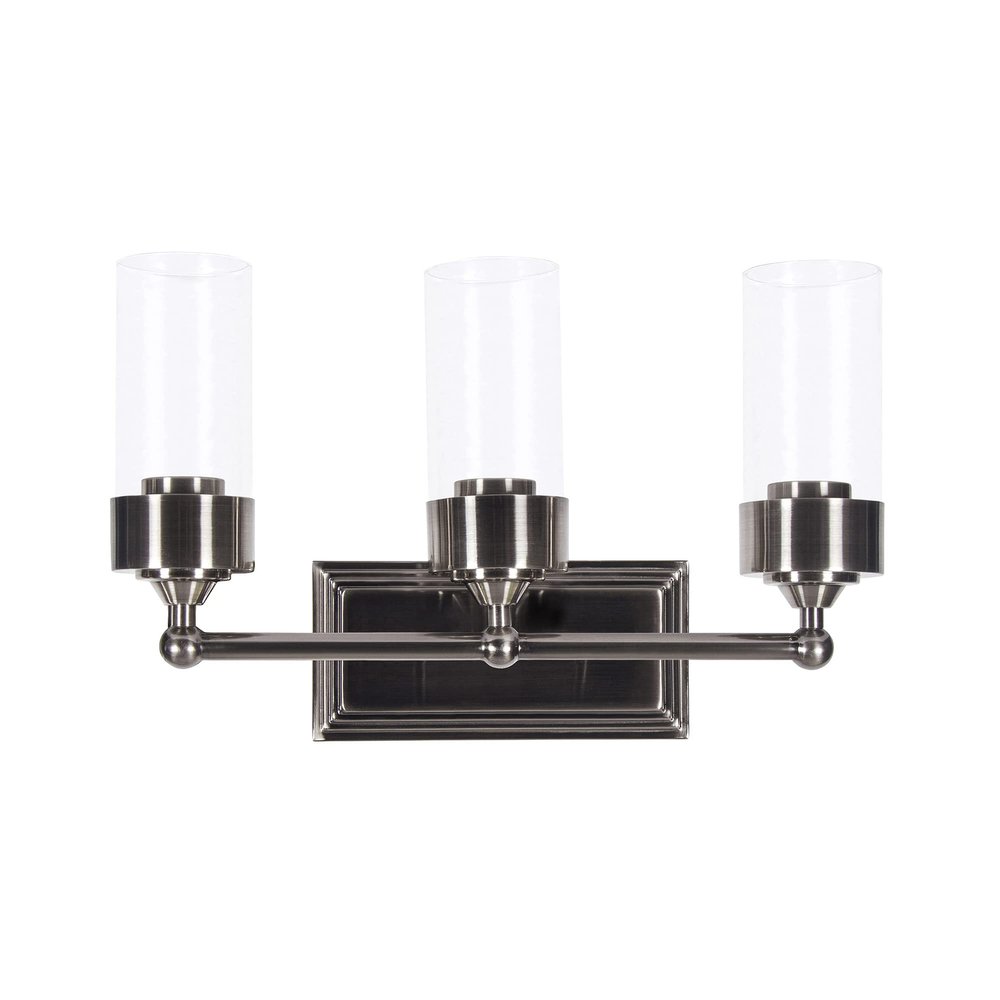 Sunset Lighting F17103-57 Esquire 3 Bathroom Vanity Fixture | Antique Gunmetal Finish with Three Clear Glass Cylinder Shades | Modern Wall Sconce for Bath Lighting