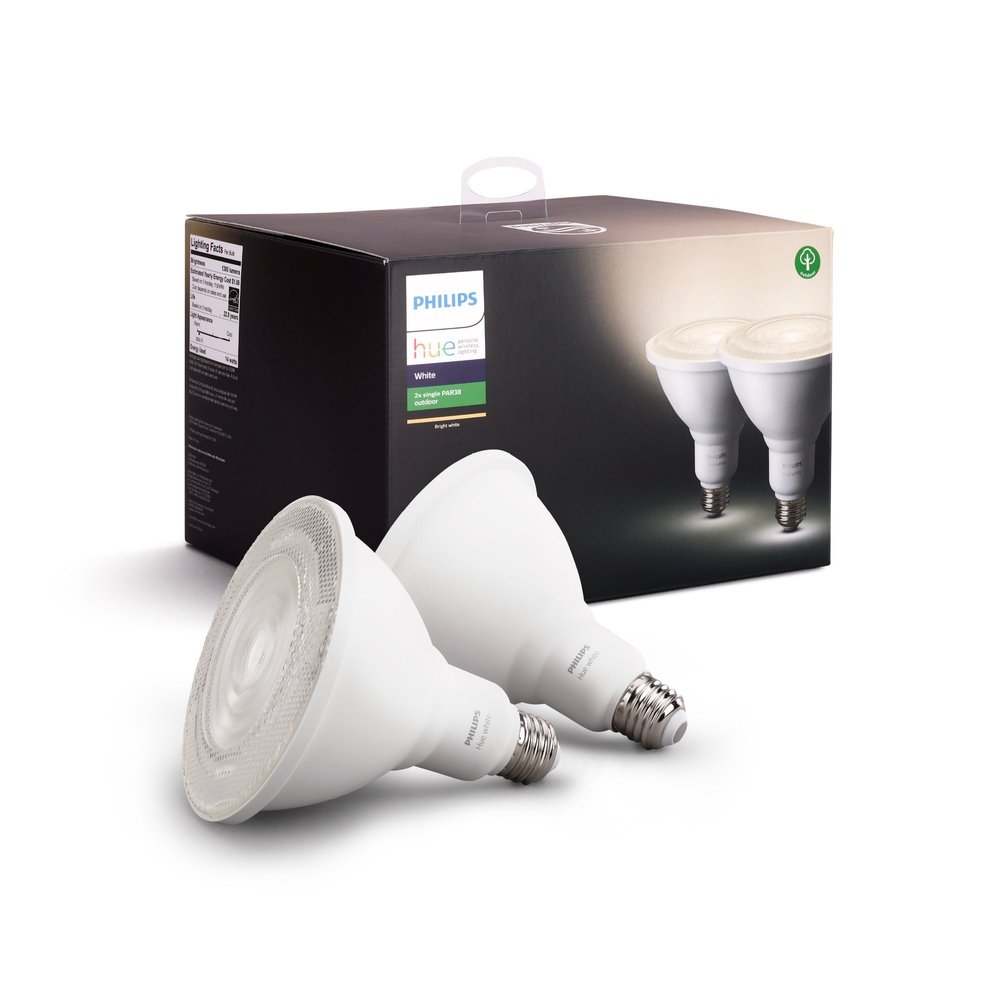 Philips Hue White Outdoor PAR38 13W Smart Bulbs Hub Required, 2 White PAR38 LED Smart Bulbs, Works with Alexa, Apple HomeKit and Google