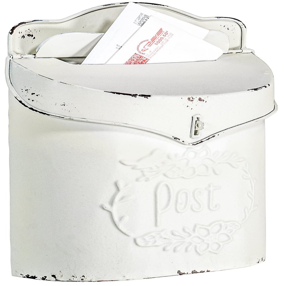 Red Co. 10.5 x 15 Decorative Distressed Metal Wall-Mounted Post Mailbox, Farmhouse White