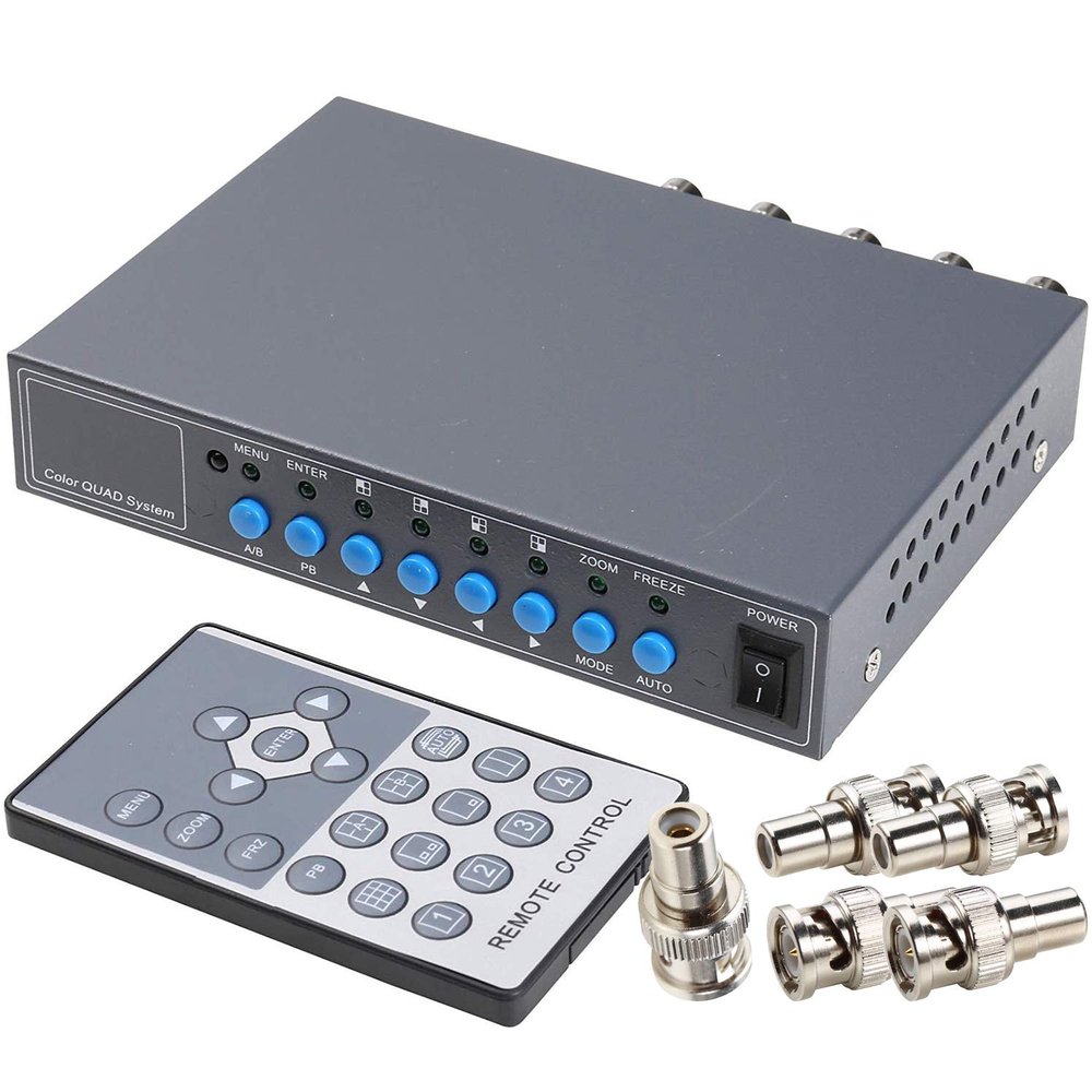 UHPPOTE 4CH Color Quad System Video Splitter CCTV Camera Processor with Remote Control 5 BNC Adapter